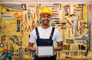 Image showing happy indian builder in helmet with tablet pc