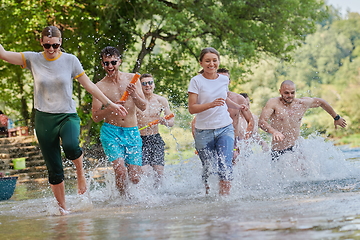 Image showing group of happy friends having fun on river