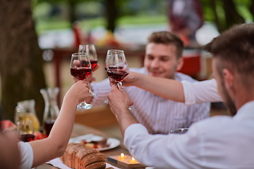 Image showing friends toasting red wine glass while having picnic french dinner party outdoor