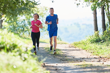 Image showing couple enjoying in a healthy lifestyle while jogging on a country road