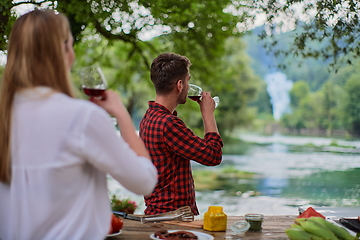 Image showing friends toasting red wine glass while having picnic french dinner party