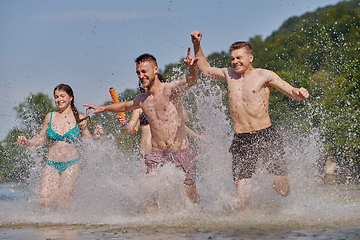 Image showing group of happy friends having fun on river