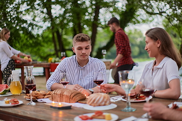 Image showing friends having picnic french dinner party outdoor during summer holiday