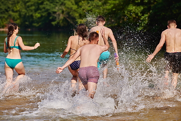 Image showing group of happy friends having fun on river