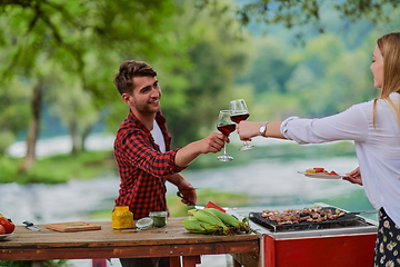 Image showing friends toasting red wine glass while having picnic french dinner party