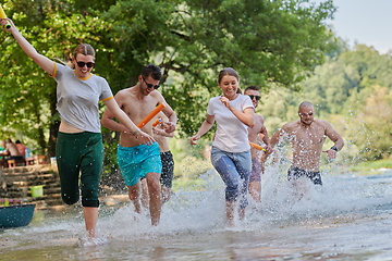 Image showing group of happy friends having fun on river