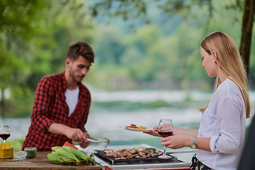 Image showing friends having picnic french dinner party outdoor during summer holiday