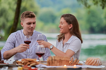 Image showing couple toasting red wine glass while having picnic french dinner party outdoor