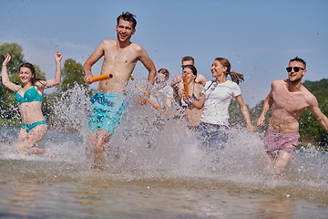 Image showing group of happy friends having fun on river