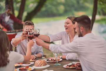 Image showing friends toasting red wine glass while having picnic french dinner party