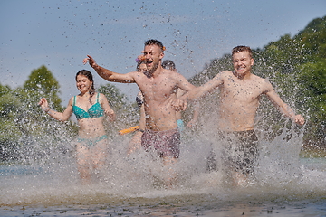 Image showing group of happy friends having fun on river