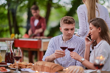 Image showing friends having picnic french dinner party outdoor during summer holiday