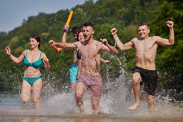 Image showing group of happy friends having fun on river