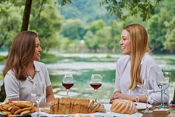 Image showing girlfriends having picnic french dinner party outdoor