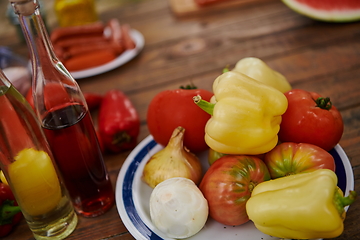 Image showing Vegetables. Fresh Bio Vegetable and meat Over wooden Background. Top view