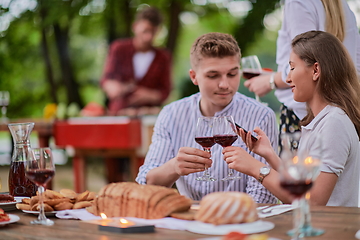 Image showing friends having picnic french dinner party outdoor during summer holiday