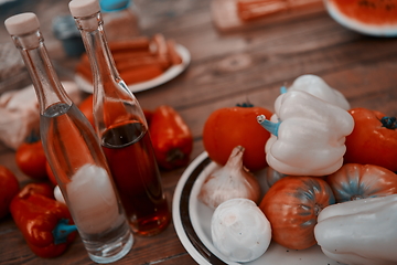 Image showing Vegetables. Fresh Bio Vegetable and meat Over wooden Background. Top view