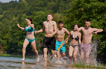 Image showing group of happy friends having fun on river