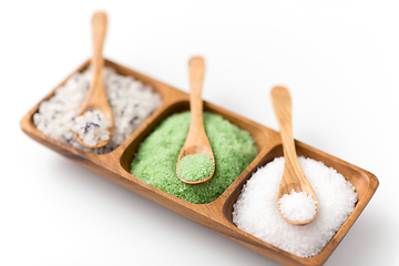 Image showing sea salt and spoons on wooden tray