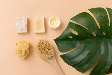 Image showing natural soap, brush, sponge and body butter