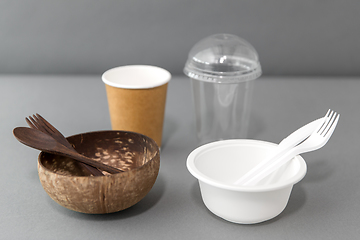 Image showing close up of eco friendly and plastic tableware