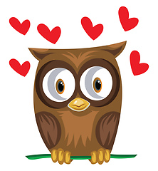 Image showing Brown owl in a green branch with red hearts vector illustration 