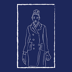 Image showing Line art of a girl with white-colored coat over blue background 