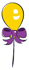 Image showing A bright yellow balloon with a purple bow ribbon and a long stri