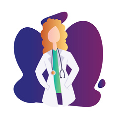 Image showing Female doctor with curly blond hair inside a blue and purple sha