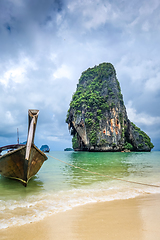 Image showing Long tail boat on Phra Nang Beach, Krabi, Thailand