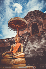 Image showing Gold Buddha, Wat Chedi Luang temple big Stupa, Chiang Mai, Thail