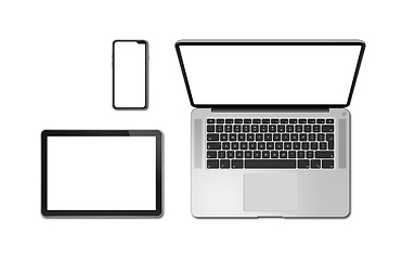 Image showing Laptop, tablet and phone set mockup isolated on white. 3D render