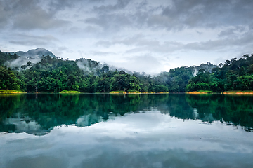Image showing Misty morning on Cheow Lan Lake, Khao Sok National Park, Thailan