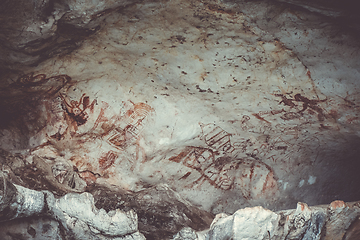 Image showing Prehistoric paintings in a cave, Phang Nga Bay, Thailand