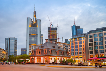 Image showing Evening Frankfurt cityscape, illuminated street