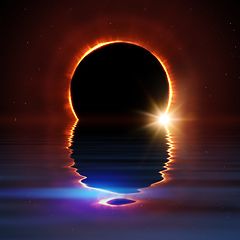 Image showing total sun eclipse water reflection with stars and flare