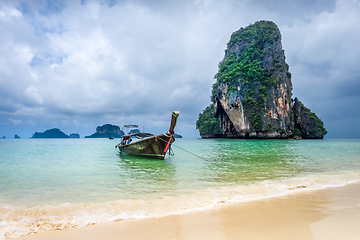 Image showing Long tail boat on Phra Nang Beach, Krabi, Thailand