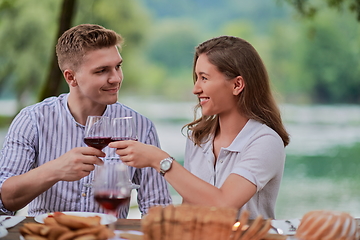 Image showing couple toasting red wine glass while having picnic french dinner party outdoor