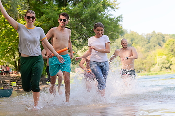 Image showing group of happy friends having fun on river