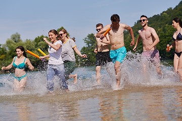 Image showing group of happy friends having fun on river