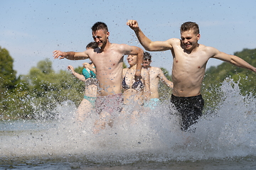 Image showing group of happy friends having fun on river