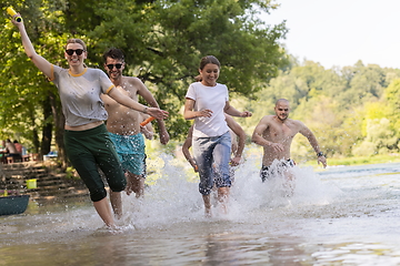 Image showing group of happy friends having fun on river