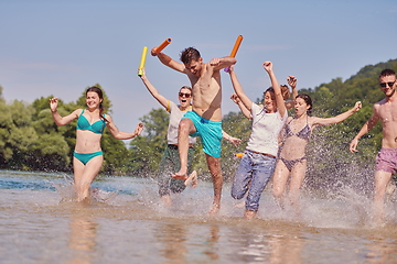 Image showing group of happy friends having fun on river