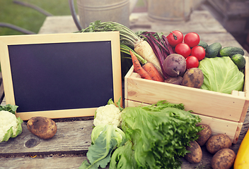 Image showing close up of vegetables with chalkboard on farm