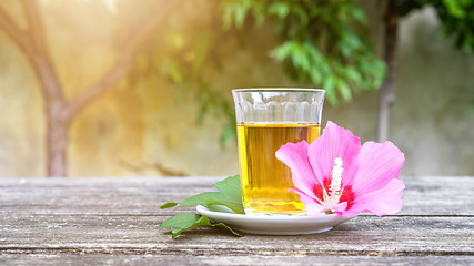 Image showing Mallow tea with blossom on old wooden background