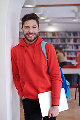 Image showing the student uses a laptop and a school library