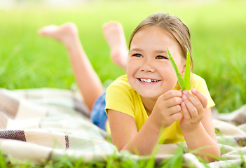 Image showing Portrait of a little girl laying on green grass