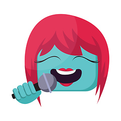 Image showing Square blue female emoji face with pink hair singing into mic ve