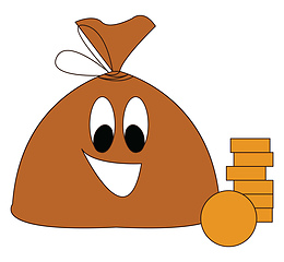 Image showing Brown smiling moneybag with golden coins vector illustration on 