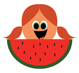 Image showing Cute cartoon girl\'s face with a slice of watermelon in her front